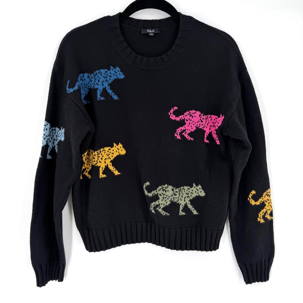 Rails Perci Leopard Sweater‎ XXS Black Cotton Cashmere Jagged Tiger Colorful